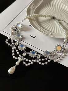 1PC Elegant French-Style Imitation Moonstone Faux Pearl Fringe Necklace, Vintage Court-Style Necklace, Fashionable Minimalist Women's Accessories, Jewelry Gift - 項鍊 - 查看 3