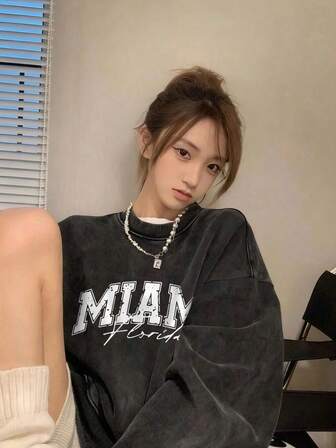 Women's Y2K Oversized Cotton Comfortable Black Washed Vintage Retro Letter Print Casual Hoodie For Holiday, Home, Street, Student, Suitable For Autumn/Winter, Christmas