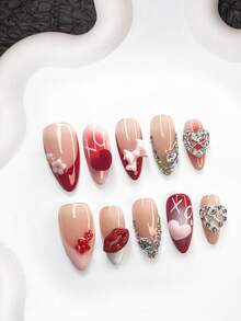 10片装红色和粉色美甲贴纸，法式假指甲，钻石闪粉爱心，性感红唇，毛绒爱心，蝴蝶结美甲装饰，粉色和红色指甲油，白色指甲，三种尺寸可选 - 杏仁形、鸭嘴形、棺材形，包含美甲工具，适合日常、情人节、派对等场合。 - 彩色 - 查看 10