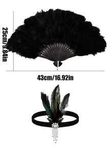 3/2/1 Set 1920s Flapper Accessories - Feather Fan, Headband And Gloves Set, Suitable For Vintage Weddings, Dance Costumes, Themed Outfits (Black) - Multicolor - View 14