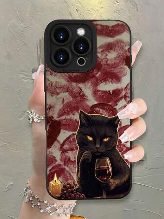 Modischer, beliebter, personalisierter schwarzer Katzen- & Wein-Lippenprint-Muster-Design-Thema, luxuriöse stoßfeste ästhetische süße Handyhülle, Linsenvorsprungschutz, kompatibel mit iPhone 17/17Pro/17Pro Max, 16,15,14, 13, 12, 11 Plus/Pro Max und Serie, sowie kompatibel mit Galaxy S/A Serie, Geschenk für Ostern, Weihnachten, Halloween Dekoration/Geschenk zum Geburtstag, für Freundin, Freund, Freund oder sich selbst