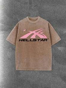 Worn-Out Washed Men's Short-Sleeved Shirt, Featuring A Pink Meteor Flame Human Face Silhouette Pattern In Letters On A Double-Sided Print, Retro Casual Loose Men's T-Shirt, Comfortable And Versatile Men's Clothing - Cà phê nâu - Xem 2