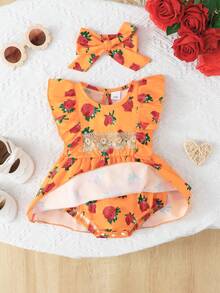 Baby Floral Rose Print Dress With Headband Set - Orange - View 2