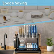 Double-Layer Kitchen Dish Rack, Space-Saving Large-Capacity Dish Rack, Suitable For Bowls, Spoons, Plates And Tableware, Sturdy And Durable, Rust-Resistant Design, Ideal For Modern Homes - Black - View 4