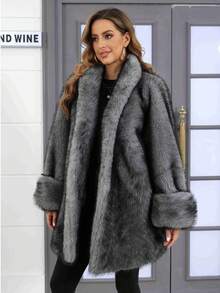 Plus Size Faux Fur Animal Print Fashionable Jacket, Everyday Wear, Autumn/Winter - Grey - View 3