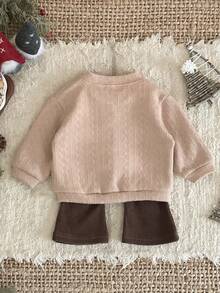 2pcs/Set Baby Girl Casual Cute Knitted 3D Floral Long Sleeve Top And Flare Pants Set, Spring/Autumn - Brown - View 10