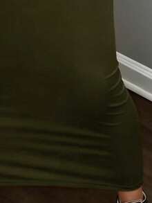 EARO 欧美ins风女士纯色性感修身半身裙，春秋新品，美式性感休闲日常时尚优雅高腰弹力A字修身半身裙 - 軍綠 - 查看 3