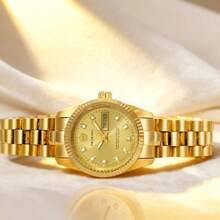 1pc 26mm Women's Watch, Stainless Steel Case & Band, Gold Color, High-End Elegant Quartz Watch, Luxury Business Waterproof Wristwatch, Fashion Calendar Diamond-Studded Ladies Watch, Suitable For Daily Decoration, Holiday & Birthday Gift - Gold - View 2