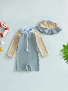 Cool Striped Zip-Up Swimsuit For Infant Boys  Contrast Color Long Sleeve Set With Sun Hat - Màu xanh bụi bặm - Xem 6