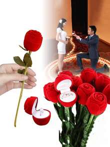 经典塑料玫瑰花戒指盒，植绒玫瑰花戒指盒，情人节惊喜礼物，求婚玫瑰耳环盒，植绒内衬，布边，按扣式封口，求婚/表白礼物，耳环造型，无需用电，珠宝盒 - 彩色 - 查看 1