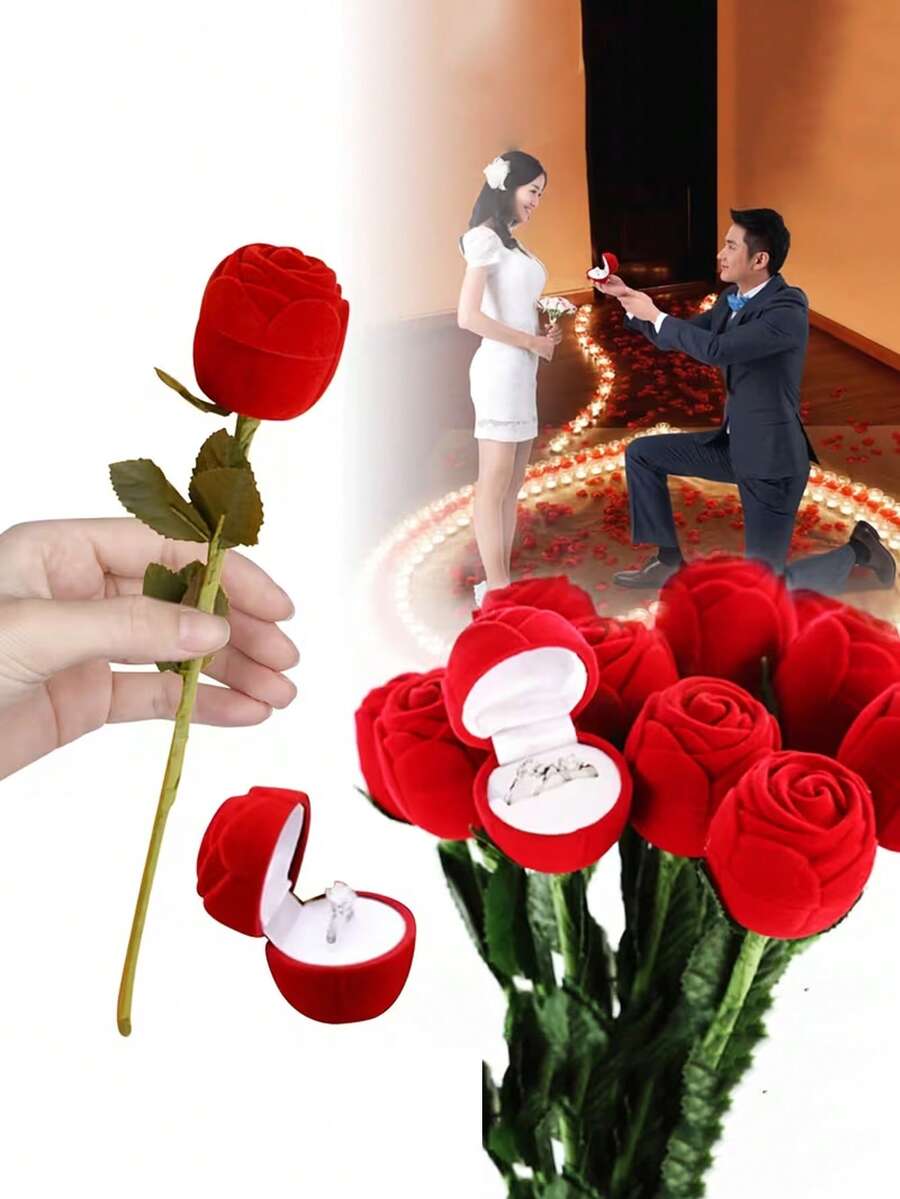 经典塑料玫瑰花戒指盒，植绒玫瑰花戒指盒，情人节惊喜礼物，求婚玫瑰耳环盒，植绒内衬，布边，按扣式封口，求婚/表白礼物，耳环造型，无需用电，珠宝盒 - 彩色 - 查看 1