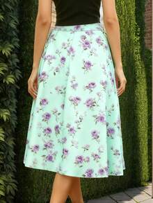 Chân váy chữ A thanh lịch, thoải mái dành cho nữ, họa tiết hoa, có thắt lưng và chi tiết thắt nút, dài đến đầu gối, chất liệu polyester không co giãn, thích hợp cho kỳ nghỉ hè. - Màu xanh Bạc hà - Xem 2