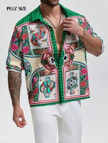 1pc Men's Green Placement Print Casual Shirt, Collared Long Sleeve Single-Breasted Cardigan, Stylish Men's Top Suitable For Vacation, Holiday Parties, Plus Size - Green - View 9