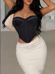 Apperloth A 优雅束身露脐上衣，抹胸式，不对称弧形下摆，系带露背，露胸设计，带钢骨收腰塑身衣，适合女性万圣节服装、锐舞派对服饰，黑色夏季款 - 黑色 - 查看 3