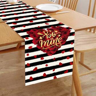 1pc Valentine's Day Table Runner, Decorated With Red Rose, Heart, And Black & White Striped Pattern, Suitable For Seasonal Home, Kitchen, Dining Table, Wedding, Party Decor