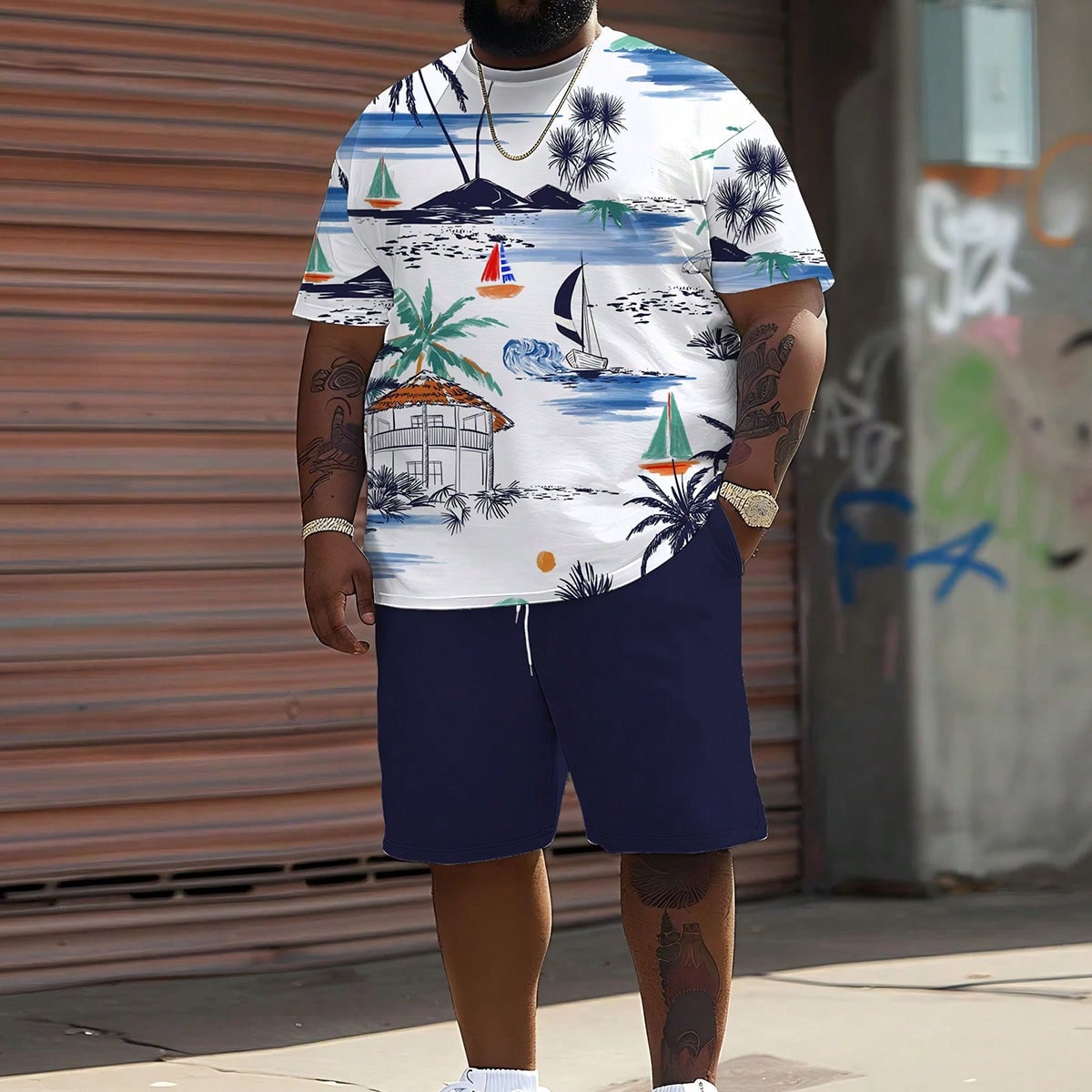 Conjunto de 2 piezas de talla grande para hombres: Camiseta de manga corta holgada con estampado de árboles de coco y veleros + Pantalones cortos, es