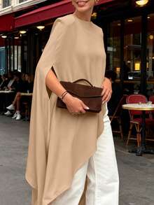 Women's Casual Asymmetrical Hem Batwing Sleeve Loose Blouse, Minimalist Design, Versatile Street Style, Spring/Summer - Khaki - View 1