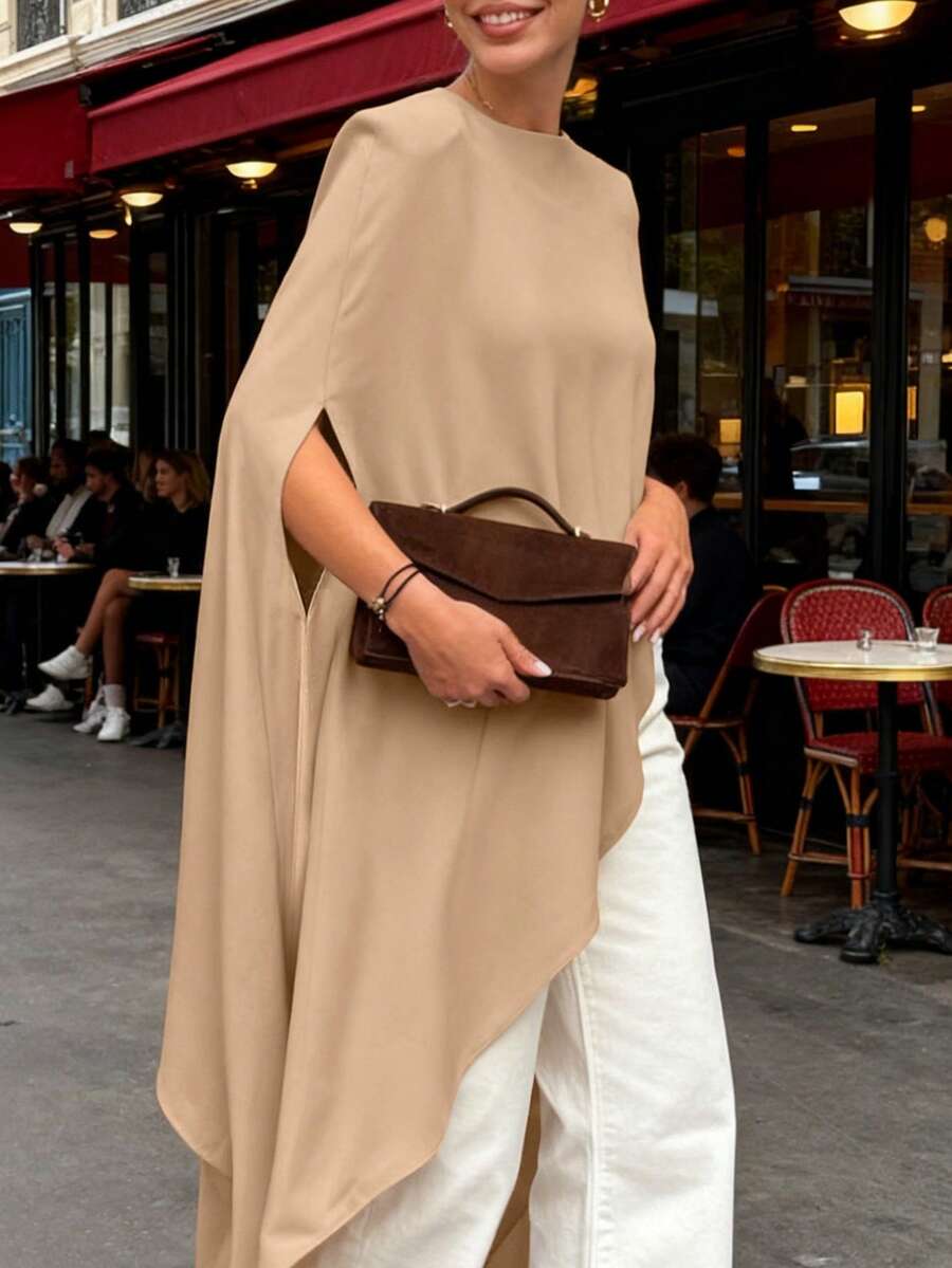 Women's Casual Asymmetrical Hem Batwing Sleeve Loose Blouse, Minimalist Design, Versatile Street Style, Spring/Summer - Khaki - View 1