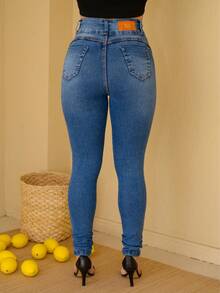 New Vintage Effect Jeans With High, Wide Waistband And 2 Front Buttons, Butt-Lifting Design, Vintage Effect, Butt Lifting Design. - Rửa trung bình - Xem 3