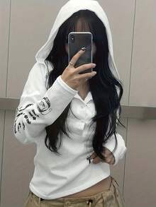 Y2K Alphabet Print Hoodie, Fall/Winter Street , Long Sleeve Hooded Lantern Sleeve Half Placket Sweatshirt - 白色 - 查看 3