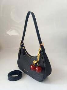 2026新款时尚经典百搭字母图案纯色PU材质单肩包，适合购物，Y2K风格腋下包，时尚女孩手提包 - 黑色 - 查看 7