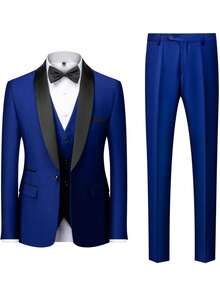 Male Groom Wedding Blazers High Quality Dress Jacket Coat Pants Vest Men 3 Pieces Set Formal Slim Tuxedo Prom Suit Business Networking Formal Tuxedo Prom Suit Work Office Suit - Royal Blue - View 3