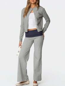 Womens Fold Over Yoga Pants, Low Waist Contrast Color Wide Leg Flare Sweatpants - 灰色 - 查看 4