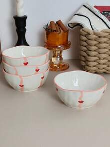 Cabin Kangaroo 1pc/2pcs/4pcs Set Asymmetrical Ceramic Bowl Set | 3D Heart Print Rustic Style Ceramic Bowl | Cute Pink Rim Snack/Salad Bowl, Suitable For Tabletop Decor And Daily Use - Multicolor - View 5