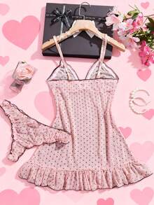 2pcs Polka Dot Nightgown Sexy Women Sheer Mesh Lingerie Chemise Slip Dress Set (With Panty)