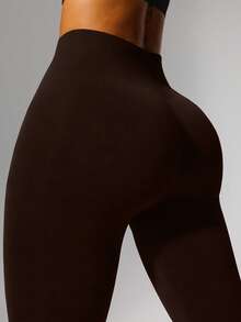 1pc High Waist Ribbed Yoga Leggings, Suitable For Hiking, Outdoor Activities, Sports And Casual Wear Spring - Khaki - View 1