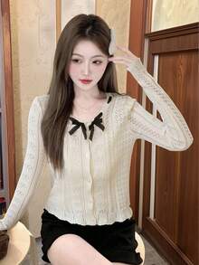Autumn/Winter New Sweet Frill Trim Bow Crew Neck Cropped Knit Top - Apricot - View 4