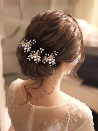 1 Set (3pcs) Vintage Style Women Hair Accessories, Including Faux Pearl & Rhinestone Metal Leaf Hair Comb, Hair Clip, Bridal/Bridesmaid/Wedding Party/Daily Wear Hair Decor