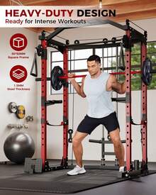 Techigher Power Cage, Multi-Functional Power Racks For Home Gym With Cable Crossover System, 1600LBS Weight Capacity Fitness Reality Squat Rack For Strength Workout With More Training Attachment(Ship In 2 Boxes) - Black & Red - View 4