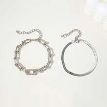 2pcs Minimalist Snake Bone Metal Bracelet Set, Hiphop Style U-Shaped Buckle With Rhinestones - 2-piece Set - View 9