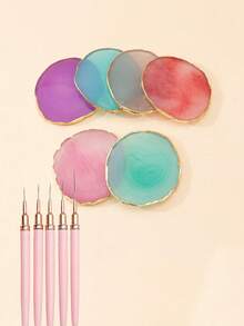 1 Resin Nail Art Palette (Gold Rim) + Pink Nail Art Brush Set, With Watercolor Pigment Rack | All-In-One Nail Art Supplies & Tools, Perfect For Valentine's Day | Designed For Fake Nails And Professional Manicure - Multicolor - View 1