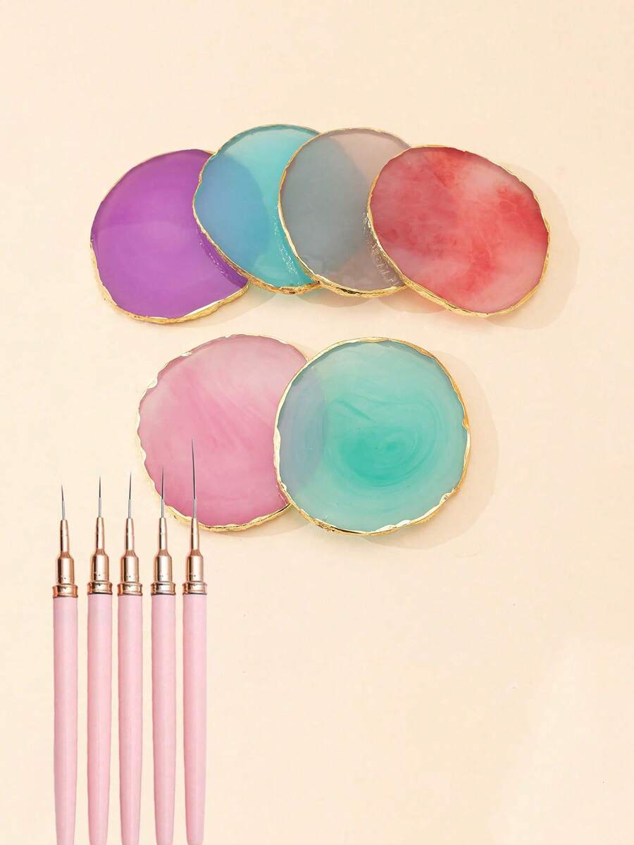 1 Resin Nail Art Palette (Gold Rim) + Pink Nail Art Brush Set, With Watercolor Pigment Rack | All-In-One Nail Art Supplies & Tools, Perfect For Valentine's Day | Designed For Fake Nails And Professional Manicure - Multicolor - View 1