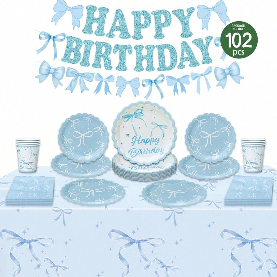 1 Set Blue Bow Tie Birthday Floral Disposable Plates, Napkins, Cups, Tablecloth And Flags, Birthday Theme Disposable Party Supplies Set, Suitable For 25 Guests, Disposable Paper Plates Party Tableware For Birthday, Wedding, Theme Party, Family Picnic - Multicolor - View 1