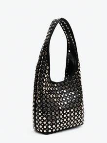 2024新款软皮手提包，小丑图案，简约单肩包，铆钉装饰，大容量女士手提包，方便购物、商务、休闲出行，光泽亮丽，豹纹印花 - 黑色 - 查看 7