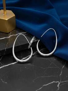 1 Pair Copper Material Simple Water Drop Hoop Earrings, Silver Water Drop Earrings For Women, Fashion Daily Wear Gift - Silver - View 8