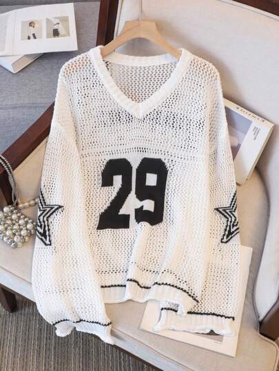 V-Neck Hollow-Out Knit Sweater With Number 29 & Star Decor, Loose Fit Casual Cover Up, & Chic For Resort Wear
