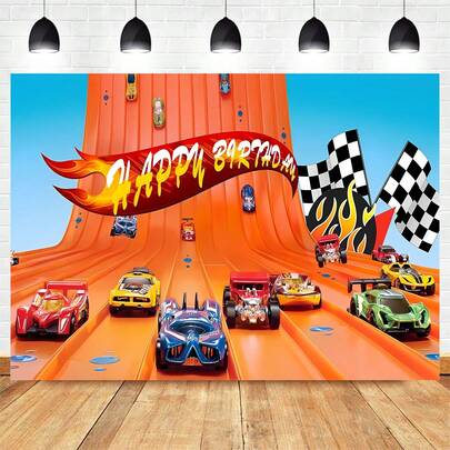 Hot Wheels Phông nền xe đua, trang trí tiệc, banner, phông nền chụp ảnh, thích hợp cho tiệc ngoài trời, tiệc sinh nhật, ngày lễ tình nhân, Ramadan, năm mới và trang trí tiệc sinh nhật.