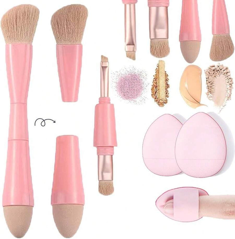Viaje rochas para maquillaje, Brochas de Viaje, 4 en 1 Juego de brochas de maquillaje, brocha para base de doble punta para base, corrector, cejas, sombra de ojo, con 2 esponjas cosméticas - rosa - Ver 1