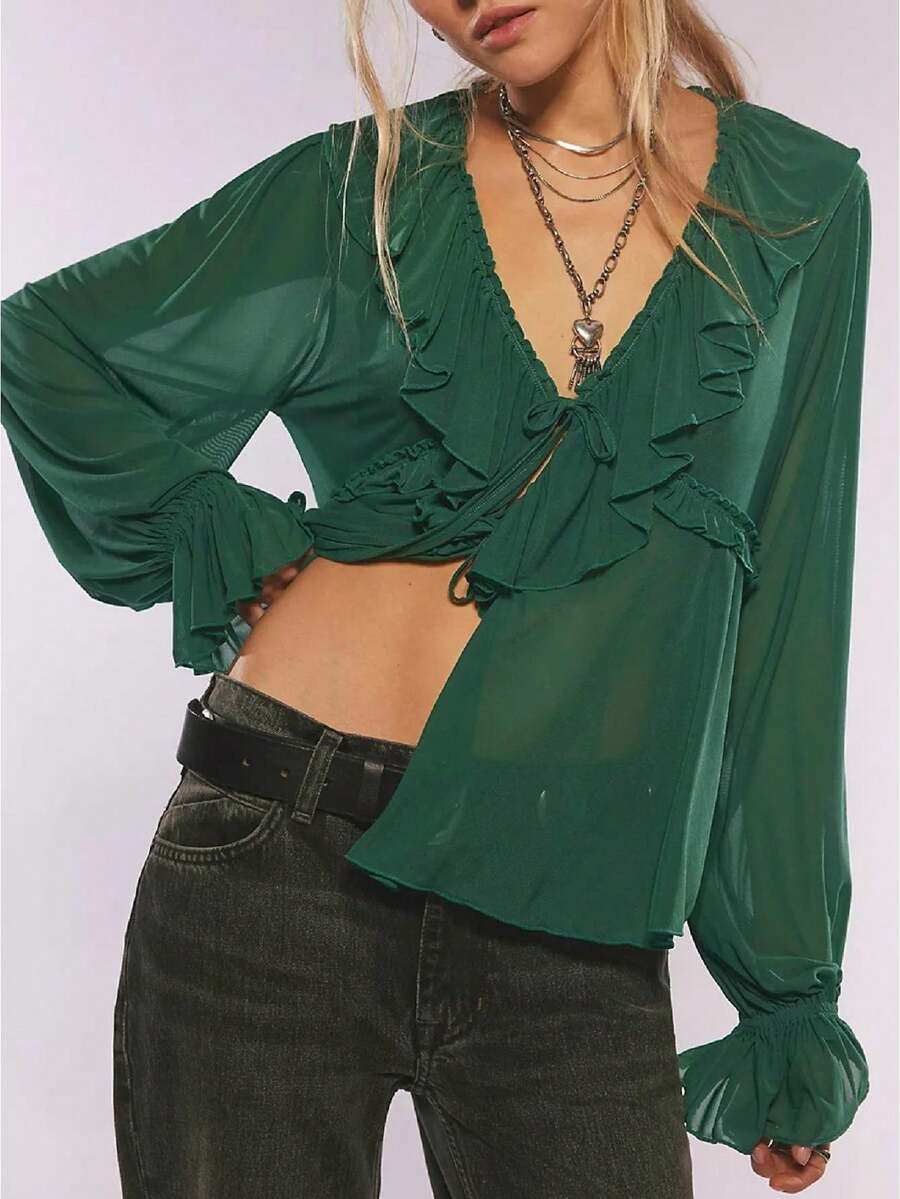 Women Sheer Loose Top Y2k V Neck Solid Color Poncho Tops Fairy Grunge Bat Sleeve Mesh Oversized Poncho Blouses - 軍綠色 - 查看 1