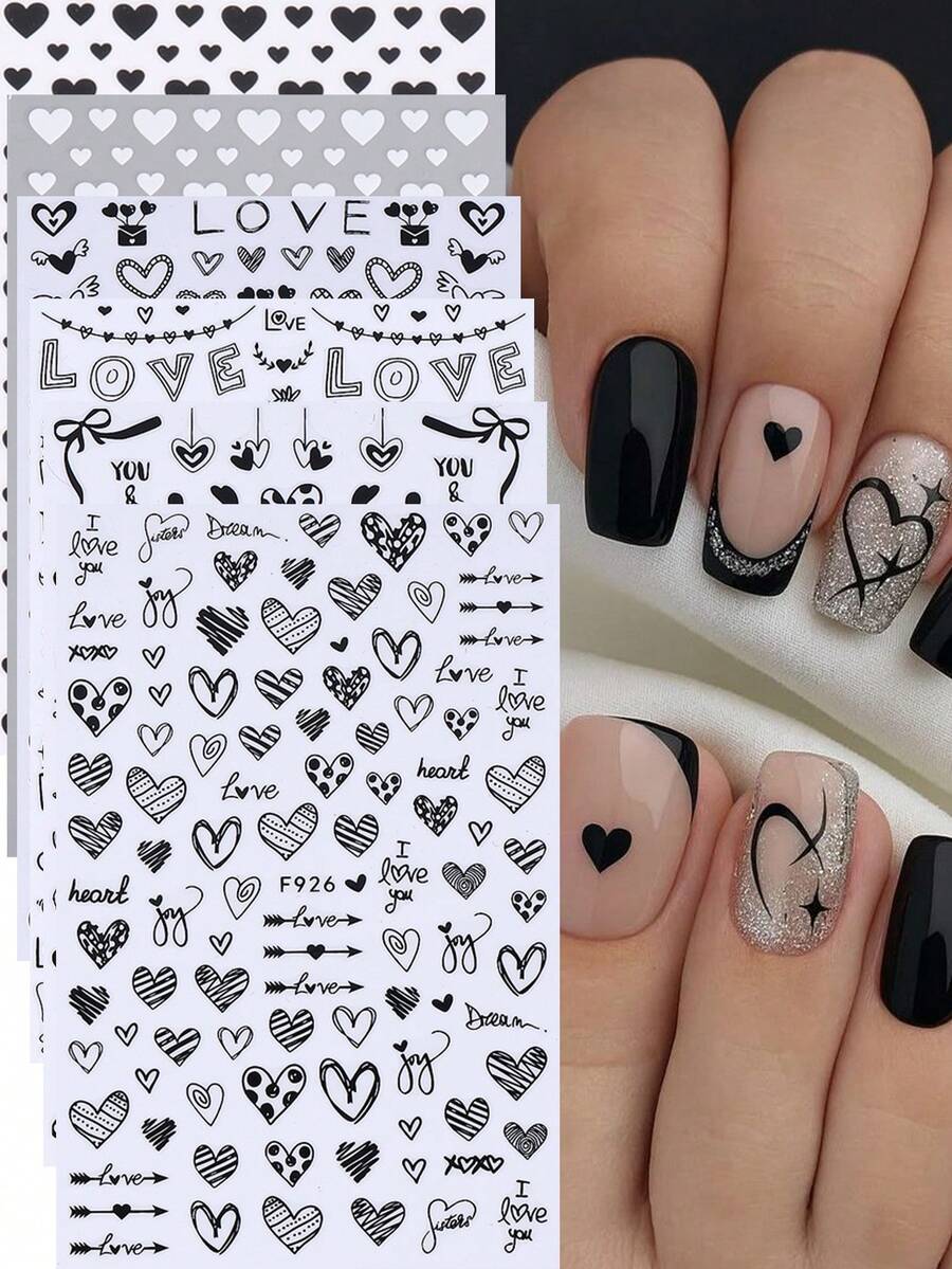 Bộ 6 miếng dán móng tay hình trái tim tối giản, họa tiết trái tim đen, nơ và xương rồng, tự làm đồ trang trí móng tay dễ thương cho ngày Valentine, hình dán 3D tự dính, phụ kiện làm móng ngày Valentine, dễ dán, phù hợp cho móng tay của phụ nữ và bé gái. - Đen và trắng - Xem 1