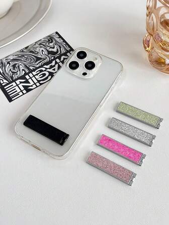 Soporte adhesivo ultradelgado y mini para teléfono móvil con brillo, diseño de clip adhesivo, se puede usar tanto horizontal como verticalmente, compacto y portátil, el adhesivo posterior no bloquea tus manos