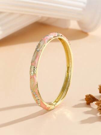 1件时尚新款中国青花瓷风格镀金花卉图案珐琅彩手镯手链饰品，适合女孩和女士佩戴