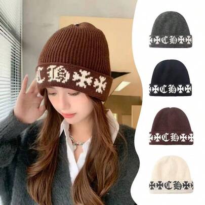 1pc Vintage Knit Hat, Warm Double-Layer Knitted Cap, Thick Large Circumference Beanie, Brand, Suitable For Men And Women In Autumn/Winter