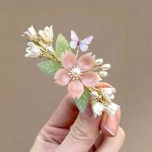 Super Fairy New Chinese-Style Flower Hairpin, Ancient-Style Butterfly Pearl Half-Up Back-Pressing Spring Clip, Hanfu Hair Accessory, Hairpin Accessory - 蝴蝶花朵彈簧夾 - 查看 3