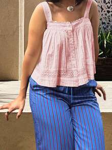 Women Camisole, Sleeveless Tops Lace Trim Button Closure Loose Summer Vest for Party Club - Rosa - Ver 4