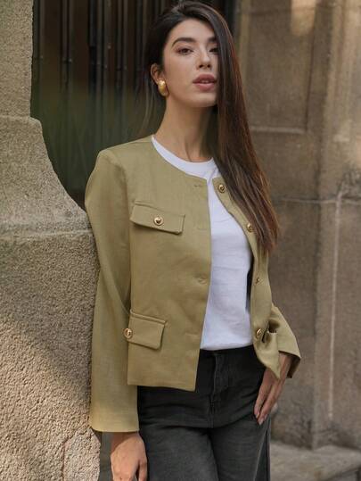 1pc Women's Elegant Autumn, Collarless Long Sleeve Short Coat, Tweed Business Casual Fashion Daily Front Button Blazer, Solid Color Round Neck Minimalist Style Suitable For All Seasons, Ideal For Evening Dates, Holidays, Tea Parties, Outings, Commuting, Office Wear, Keeping Warm